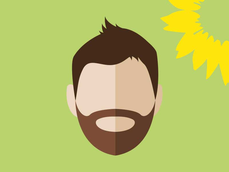 Illustration eines männlichen Gesichts auf grünem Hintergrund mit Sonnenblume.
