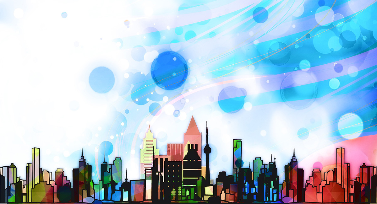 Bunte Zeichnung einer Stadtsilhouette der Zukunft.