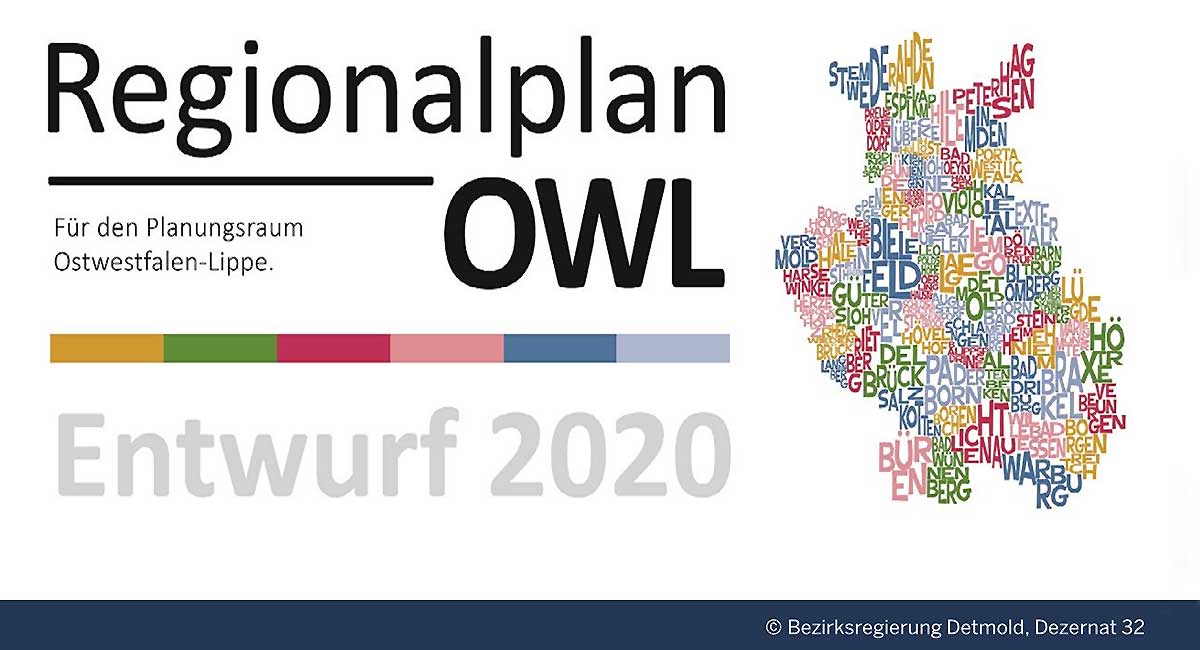 Logo des Regionalplans OWL mit OWL Karte aus bunten Buchstaben der Städtenamen.