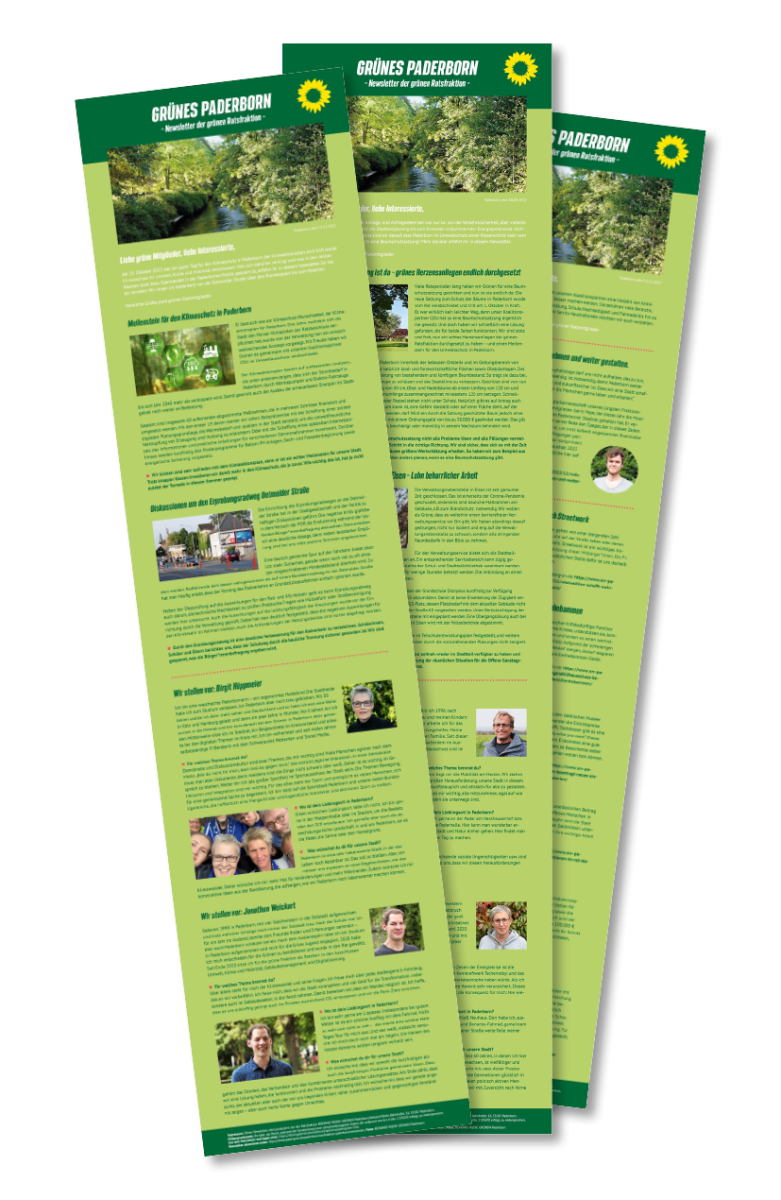 Visuelle Darstellung von drei Newslettern der grünen Ratsfraktion Paderborn