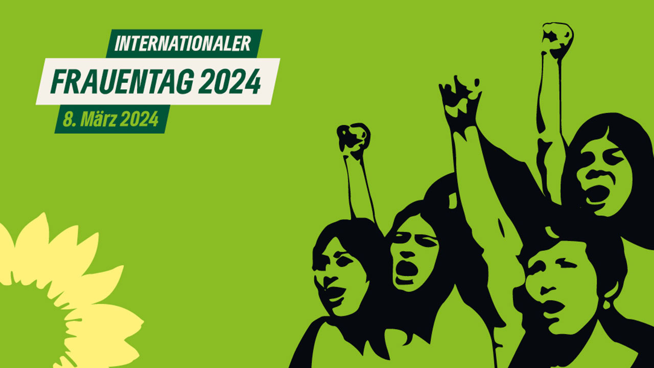 Einladung zum Frauentag 2024 mit mehreren kämpferischen Frauen auf grünem Hintergrund.