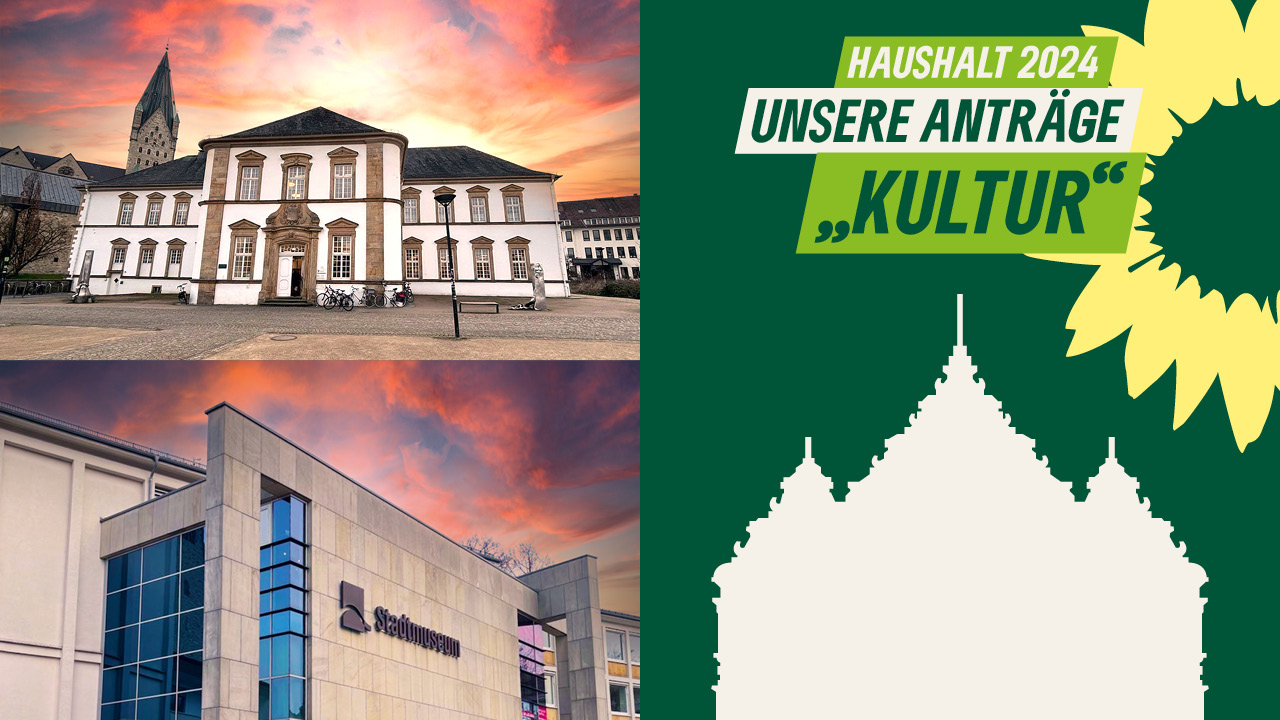 Collage aus Stadtbibliothek, Stadtmuseum und Rathaus mit der Aufschrift: Haushalt 2024 – unsere Anträge „Kultur“