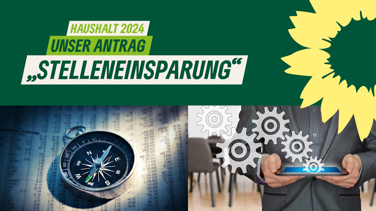 Collage aus einem Kompass und ineinander greifenden Rädchen mit der Headline: Haushalt 2024 – unsere Antrag „Stelleneinsparung“.