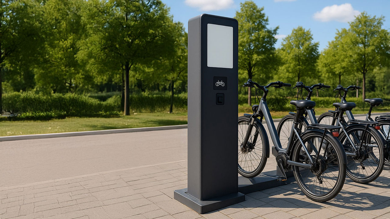 Dunkelgraue Fahrrad-Ladestation, an der mehrere Fahrräder laden.