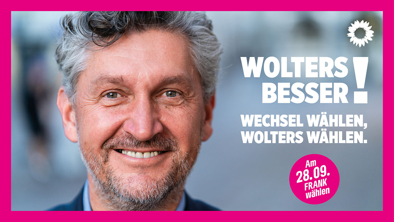 Porträt des Bürgemeisterkandidaten Frank Wolters mit dem Claim „Wolters besser! Wechsel wählen, Wolters wählen.“