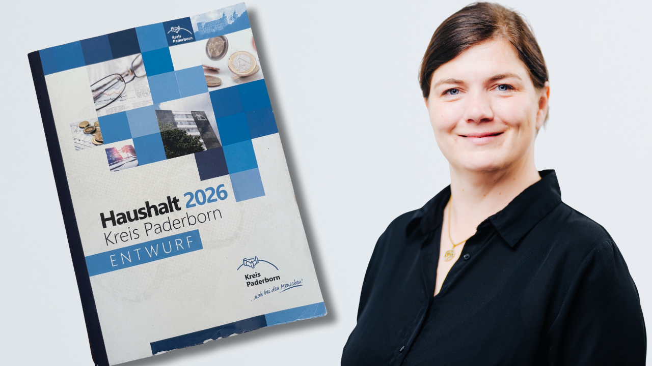 Fotokollage mit dem Haushaltsplan Entwurf für den Haushalt 2026 im Kreis Paderborn sowohl ein Portrait von Carolin Köhler