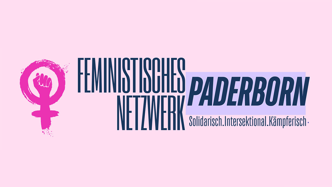 Logo des Feministischen Netzwerks Paderborn mit Frauensymbol auf pinkfarbenem Hintergrund.