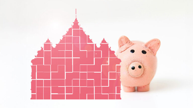 Stilisiertes pinkfarbenes Paderborner Rathaus mit Rissen, dahinter ein Sparschwein.