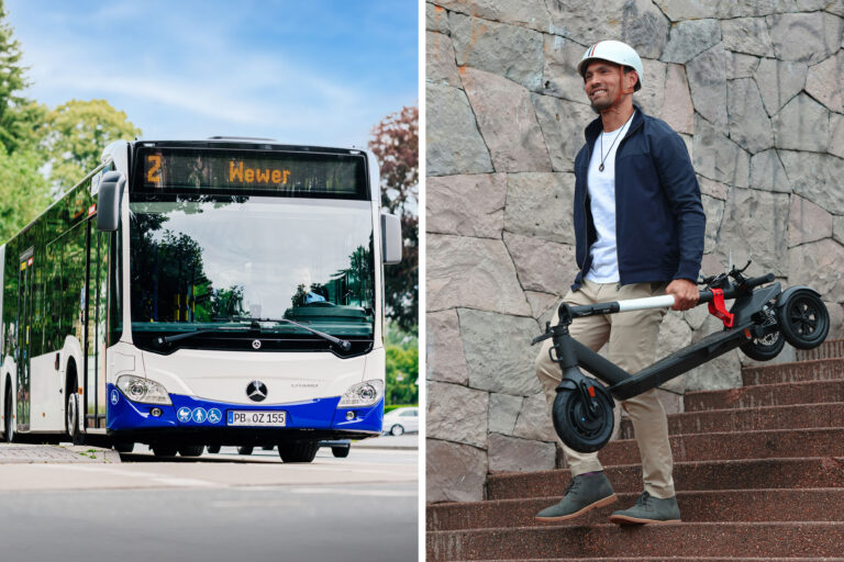 Links ein PaderSprinter-Bus, rechts ein Mann der mit einem zusammengeklappten E-Scooter eine Treppe hinunter geht.