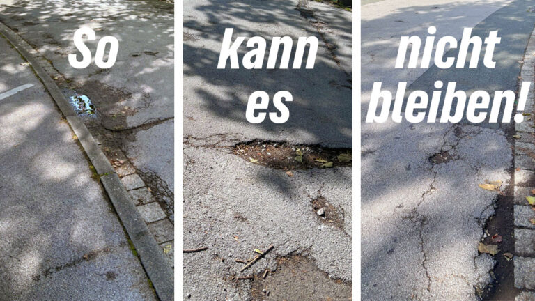Beschädigter, löchriger Asphalt auf dem Marktplatz in Schloß Neuhaus.