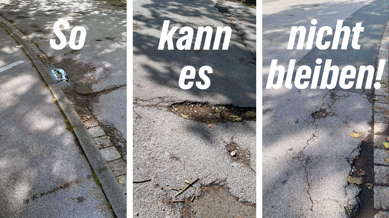 Beschädigter, löchriger Asphalt auf dem Marktplatz in Schloß Neuhaus.